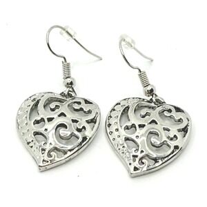 Silver-Tone Heart Shaped‎ Open Scrollwork Dangle Drop Earrings